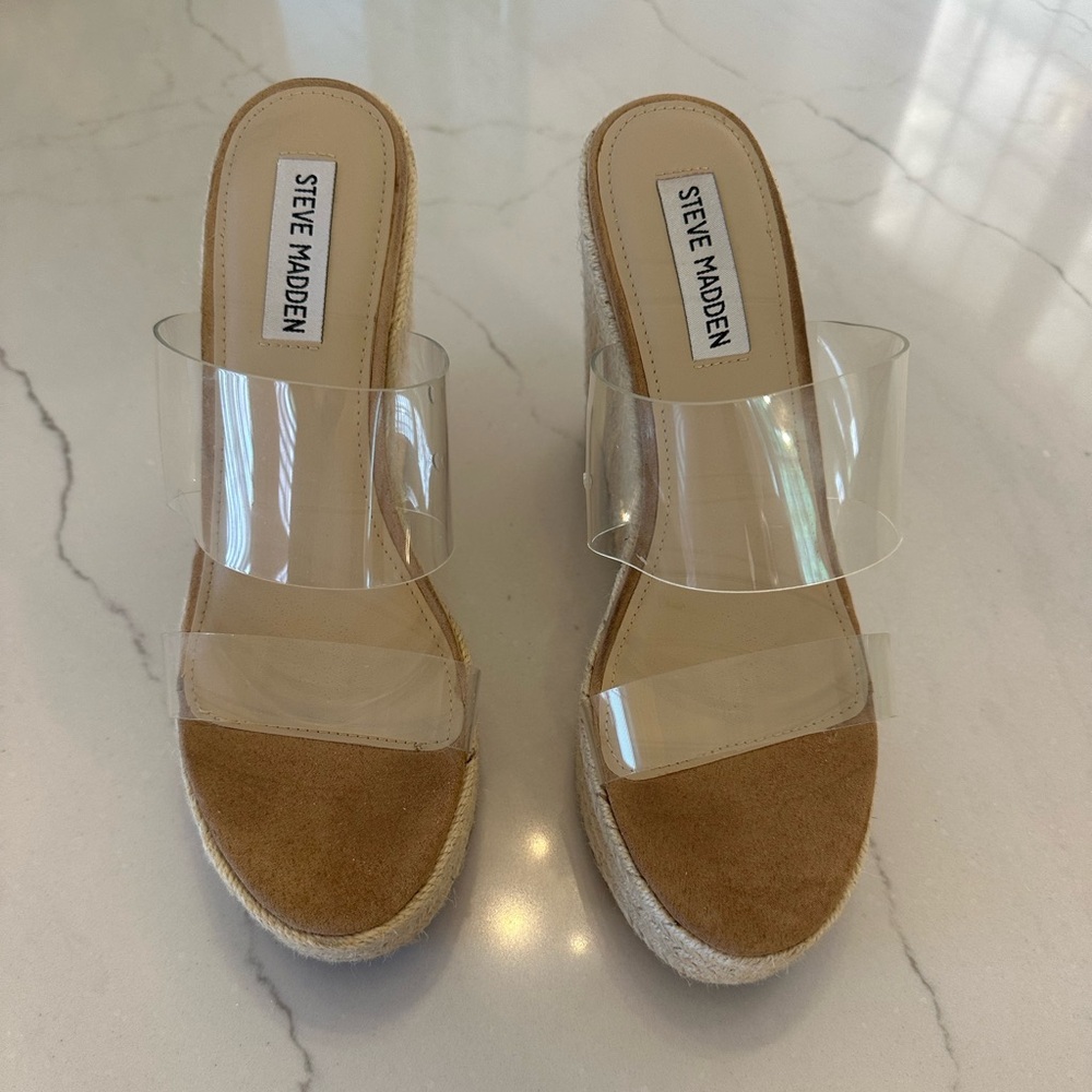 Steve Madden Sunrise Wedge Sandals, Clear,Jute wrapped